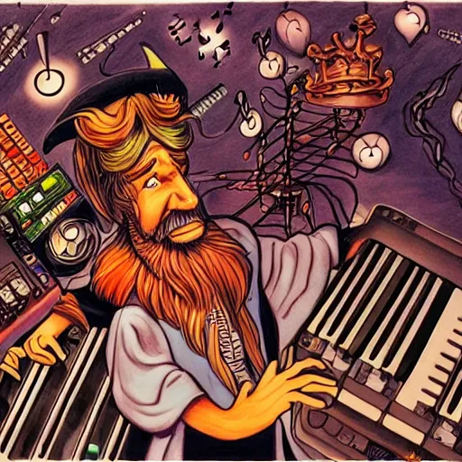 Prompt: a beautiful drawing of a wizard character surrounded by musical keyboards, fantasy, ralph bakshi,