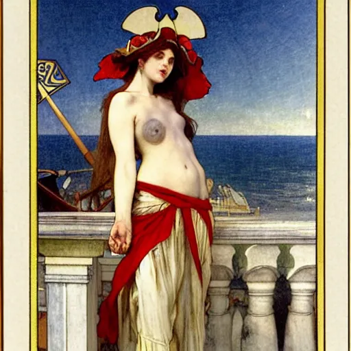 Image similar to A demon girl with jester hat and clothes on a greek archi circle on the front of a Balustrade with a beach and a sail boat on the background, major arcana cards, by paul delaroche, alphonse mucha and arnold böcklin arnold böcklin hyperrealistic 8k, very detailed