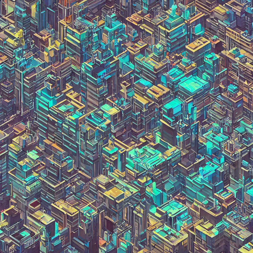 Prompt: view from the balcony over vast cyberpunk city isometric detailed painting