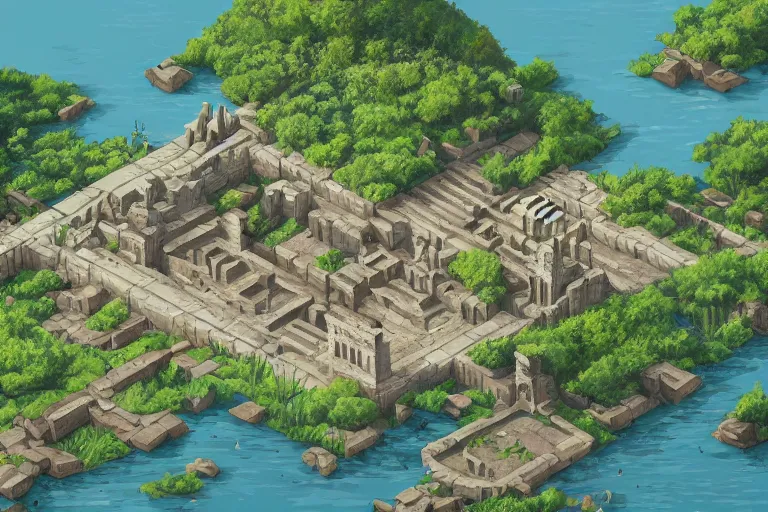 Image similar to ancient city, lake, plants, isometric art, isometric illustration, artstation, highly detailed, post processing, cinematic lighting + masterpiece