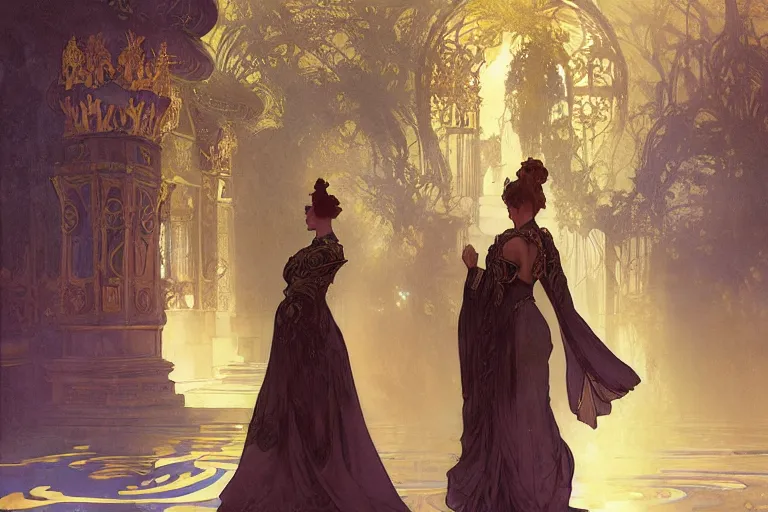 Prompt: a girl emperor being escorted by shadow guards wears long golden flowing robes, an ostentatious palace and garden are seen in the background. by jeremy mann and alphonse mucha, fantasy art, photo realistic, dynamic lighting, artstation, poster, volumetric lighting, highly detailed faces, 4 k, award winning