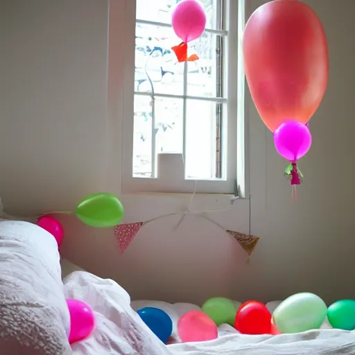 Prompt: japanese paper balloons hanging above a child's bed in their bedroom. dark room with light spilling in from the window