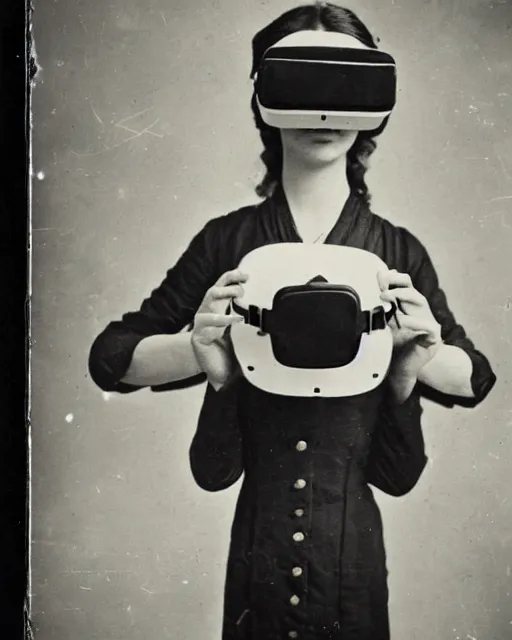 Image similar to 1 8 0 0 s photo of a person wearing a vr virtual reality headset