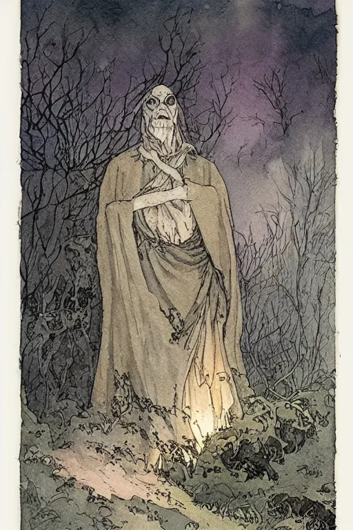 Image similar to a simple and atmospheric watercolour portrait of a ghost in a graveyard on halloween night, very muted colors, by rebecca guay, michael kaluta, charles vess and jean moebius giraud