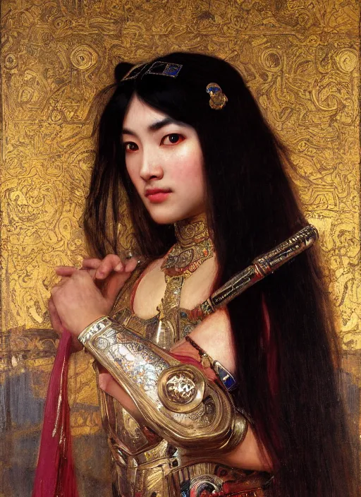 Image similar to beautifull asian queen cyborg with bangs curly Iranian orientalist portrait by john william waterhouse and Edwin Longsden Long and Theodore Ralli and Nasreddine Dinet, oil on canvas. Cinematic, hyper realism, dramatic lighting, high detail 4k