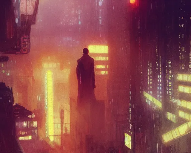 Image similar to 2 0 1 8 blade runner movie still man look at the cityscape from roof perfect face fine realistic face pretty face neon puffy jacket blue futuristic sci - fi elegant by denis villeneuve tom anders zorn hans dragan bibin thoma greg rutkowski ismail inceoglu illustrated sand storm alphonse mucha