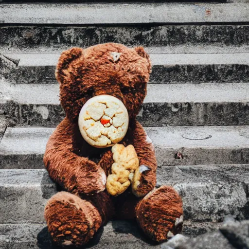 Prompt: a photo of a teddy bear eating a cookie in rio de janeiro, 2 4 mm, summer