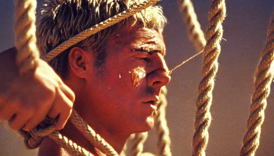 Image similar to 1 9 6 0 s movie still close - up of marcus atilius regulus tied with ropes at pole in direction of the burning sun with his eyelids teared off bleeding, cinestill 8 0 0 t 3 5 mm eastmancolor, high quality, heavy grain, high detail, texture, dramatic light, anamorphic, hyperrealistic, detailed hair