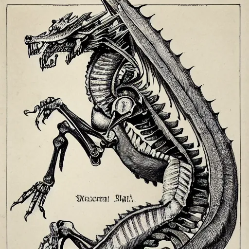 Prompt: fictional beast skeleton of dragon in victorian scientific illustration style