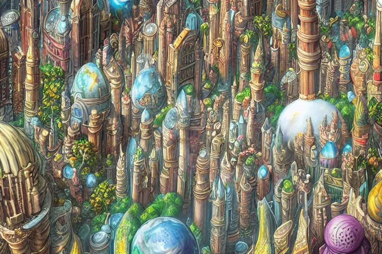 Image similar to Detailed render of Fantasy City built from White Domes by Michael Whelan and Benjamin Lacombe and Megan Duncanson, super details, colorful, ornate background, intricate details