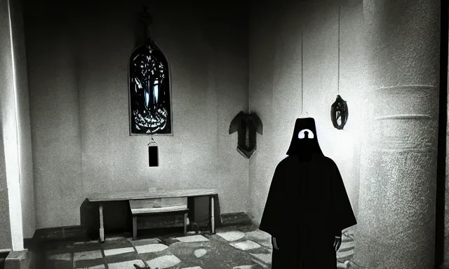 Image similar to cultist in robe with mask and gloves, satanic church interior, ceremonial, realistic photo, cctv footage, horror lighting, dim lighting