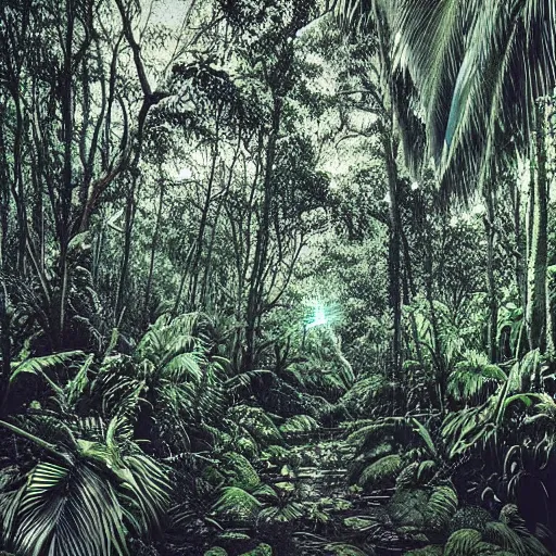 Prompt: dark tropical forest, life, sparkling spirits, detailed wide shot, photograph, ground detailed, wet eyes reflecting into eyes reflecting into infinity, beautiful lighting