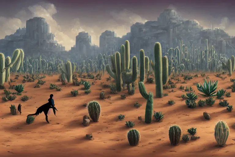 Image similar to a photo of a dystopian desert with loots of Cacti, sandy colours, sandy green, sandy, sandy beige, sobbing sad black silhouette of a person, cantered, by Cyril Rolando, trending on DeviantArt, desolated, dark, 8k resolution, rendered in Zbrush, simplistic