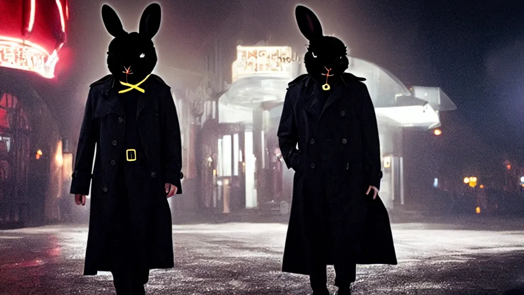 Prompt: a man in a trench coat wearing a black rabbit mask in front of a night club, film still from the movie directed by Denis Villeneuve with art direction by Salvador Dalí, wide lens