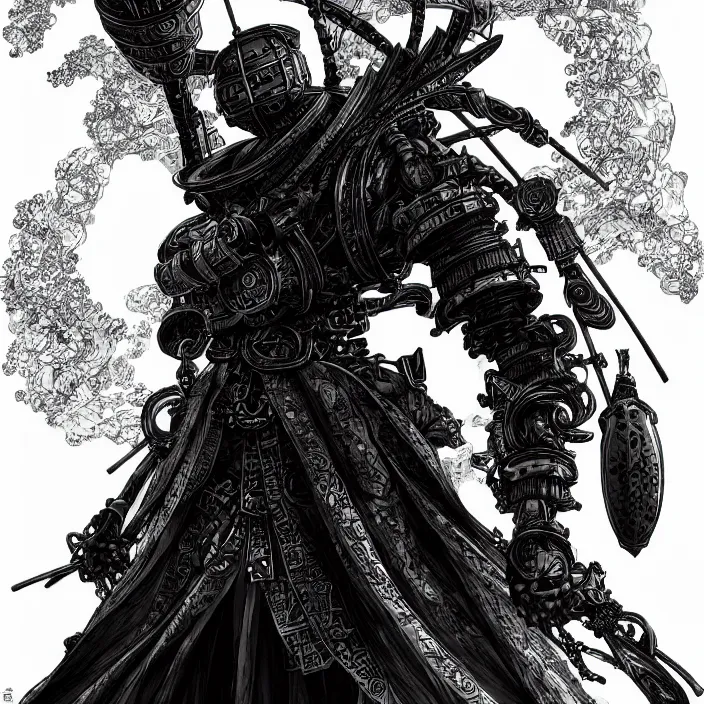 Prompt: a vertical portrait of a manga character in a scenic environment by nihei tsutomu, black and white, dreamy, steampunk armor, highly detailed, render