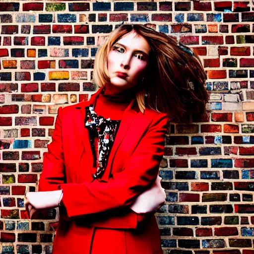 Prompt: un ultra high definition editorial photographic portrait of a female designer standing outside her trendy red brick london home wearing all eclectic clothes. wide angle. three point light. golden hour, golden ratio, ray tracing, volumetric light and shadow, shallow depth of field.