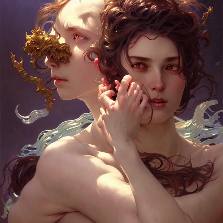 Image similar to gentle demon, painting, good against evil, highly detailed, digital painting, smooth, beautiful angle, weak demon, sharp focus, illusion, ultra - realistic, demon against angle, heaven against hell, 8 k, strong and powerful confident angle artgerm, greg rutkowski and alphonse mucha