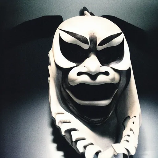 Image similar to Japanese demon mask designed by Rick Owens, 35mm film, photograph