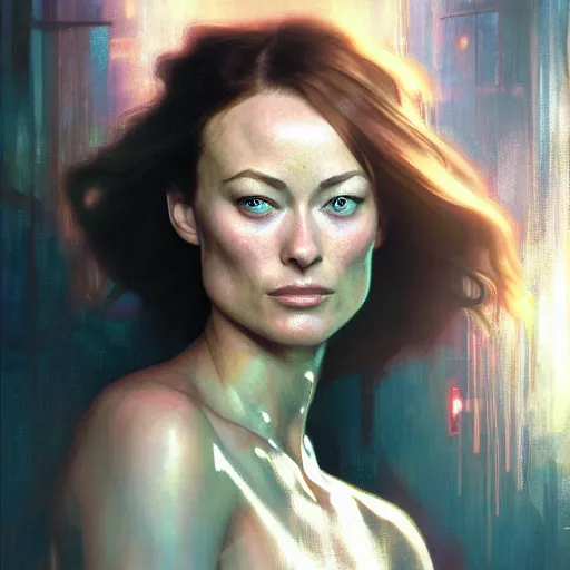 Image similar to olivia wilde, hyperrealistic portrait, bladerunner street, art of elysium by jeremy mann and alphonse mucha, fantasy art, photo realistic, dynamic lighting, artstation, poster, volumetric lighting, very detailed face, 4 k, award winning