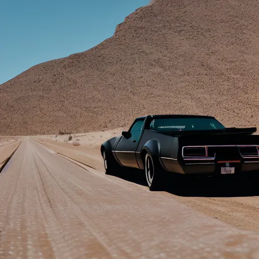 Image similar to kitt the incredible car black transam cruising the desert at magic hour, 8K