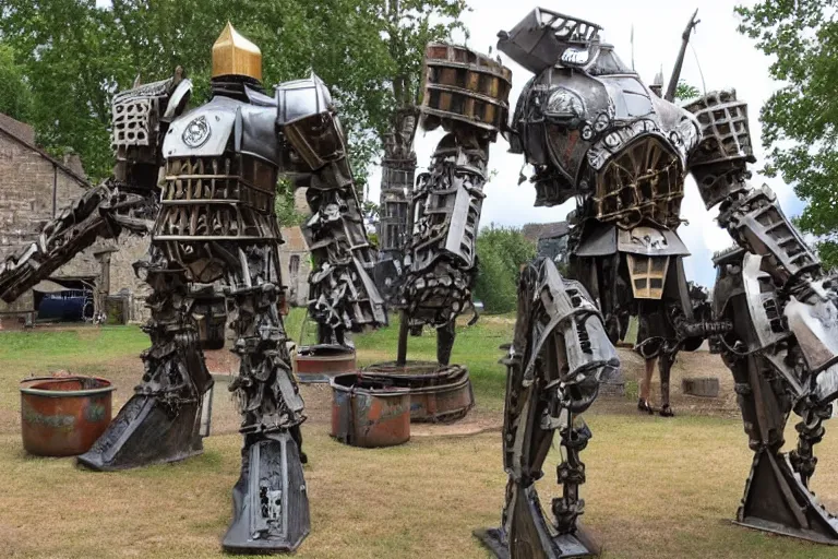 Image similar to a giant mech made out of medieval knights armor and parts standing in an old english village