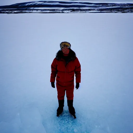 Prompt: portrait of an indigenous inuit standing on ice in the arctic tundra littered with plastic bottles