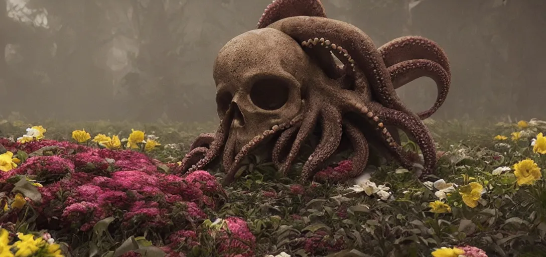 Prompt: an octopus in the shape of a skull surrounded by flowers at midnight, foggy, cinematic shot, photo still from movie by denis villeneuve, wayne barlowe