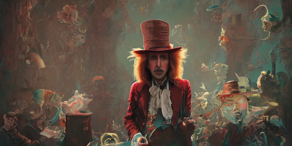 Image similar to tom petty as the mad hatter, contrast, kim jung gi, greg rutkowski, zabrocki, karlkka, jayison devadas, trending on artstation, 8 k, ultra wide angle, zenith view, pincushion lens effect