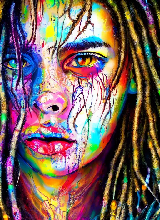 Prompt: portrait of a cyberpunk augmented girl with wire dreadlocks, by jackson pollock and wassily kandinsky, 4 k resolution, vivid colours, extremely detailed, dripping technique, oil paint, depth