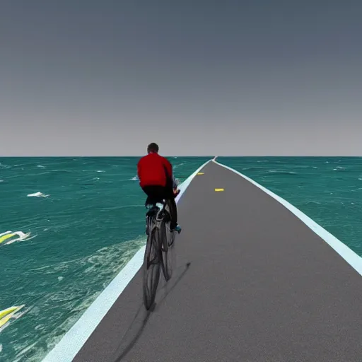 Image similar to You bicycling on a concrete path entering the murky ocean:POV+ultra hyperrealistic+detailed+high quality+ photorealistic+photography+HD+