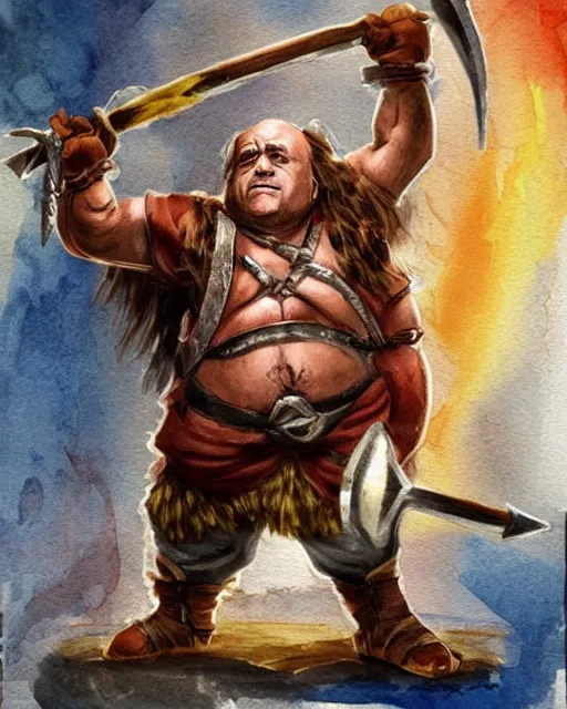 Image similar to Danny DeVito as a dwarf barbarian, water color, Dungeons and Dragons, Wizards of the Coast