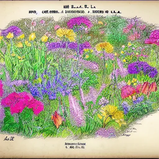 Image similar to a patent drawing of a gorgeous garden on the edge of a cliff filled with beautiful flowers of all colors and from all around the world