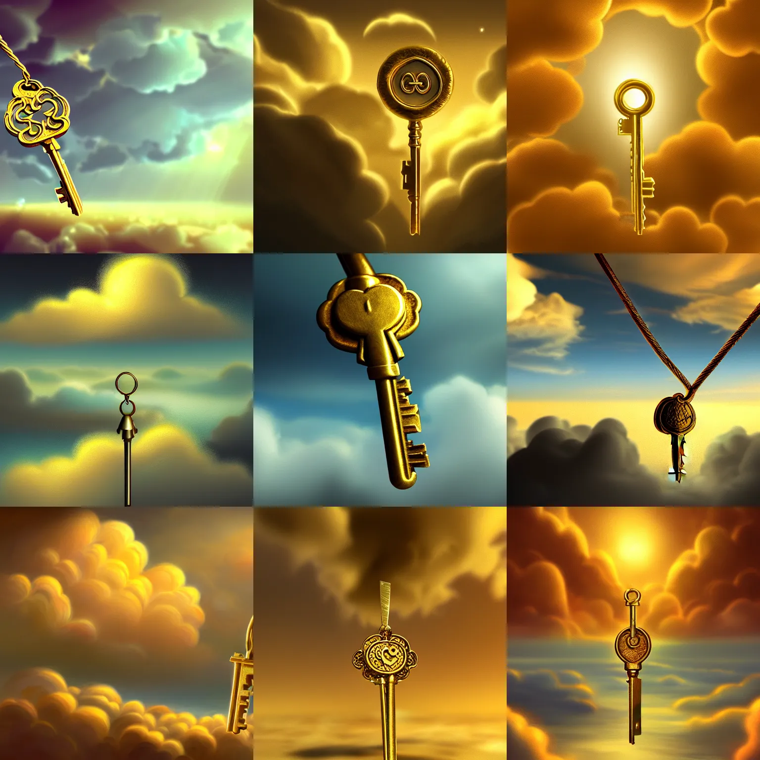 Prompt: Illustration of a golden key made of clouds. Fantasy, digital painting, HD, 4k, detailed, artwork, bloom, lighting.