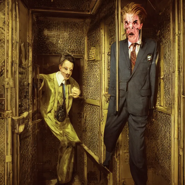 Prompt: low angle octane render portrait by wayne barlow and carlo crivelli and glenn fabry, a creepy nearly human strange looking sinister man in a bright saturated wes anderson elevator operator costume inside a dark and moody vintage elevator in a high - end boutique hotel, very short depth of field, bokeh