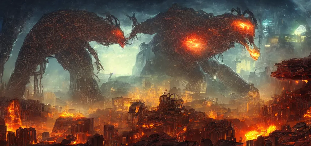 Image similar to a mecanic monster destroy a futurist city in the night, landscape, night, fire, dark fantasy, kaiju, apocalypse