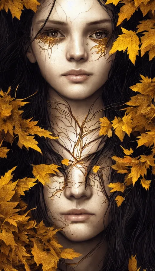 Image similar to golden leaves at frame border, creative!!! composition for a book cover!!!, absurdly beautiful, ultrafine hyperrealistic detailed old witch face by wlop and artgerm and greg rutkowski, intricate linework, sharp focus, smooth, octopath traveler, final fantasy, unreal engine, dramatic lighting, ethereal, 8 k