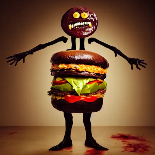 Image similar to a humanoid bipedal upright zombie that strongly resembles a hamburger, professional food photography