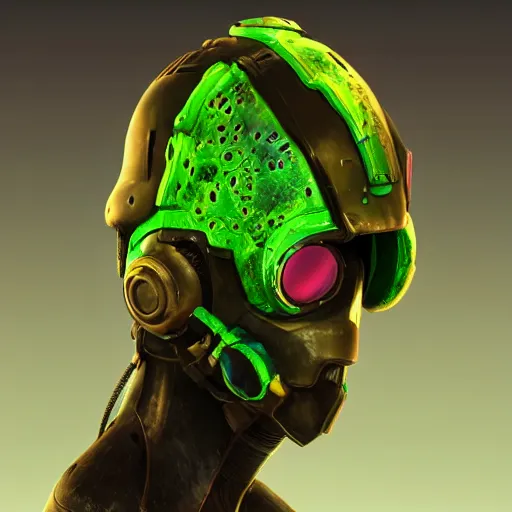 Prompt: helmet cyberpunk made of green lava and fire in borderlands 3 style, pconcept art character modeling, body made of green lava and fire, marvelous designer, z brush, maya, digital 3 d, 4 k, epic size, epic scale, ultra detailed digital art, furry art, macro art, deviantart, realistic