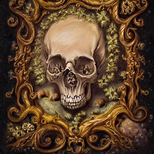 Prompt: a beautiful detailed front view rococo portrait of a rotten woman corpse becoming almost a skull with fractal plants and fractal flowers and mushrooms growing around, intricate, ornate, volumetric light, beautiful lit, polaroid photography, the northman
