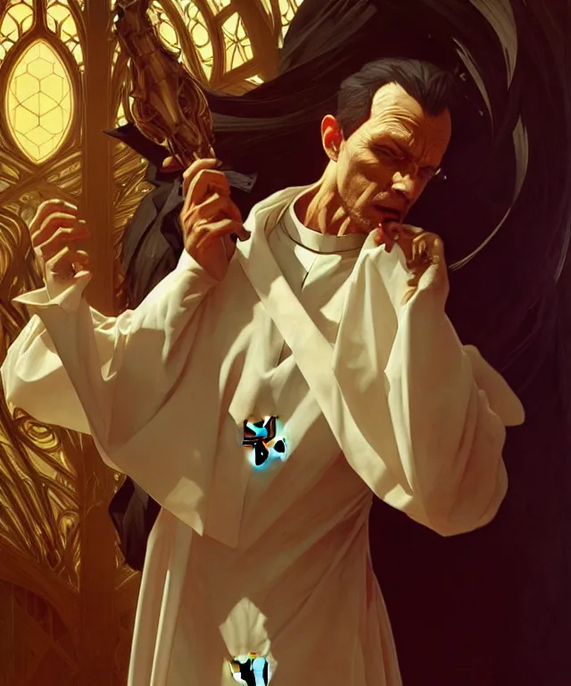 Prompt: a greedy preacher, an evil Catholic priest, portrait, intricate, elegant, highly detailed, digital painting, artstation, concept art, smooth, sharp focus, illustration, art by artgerm and greg rutkowski and alphonse mucha