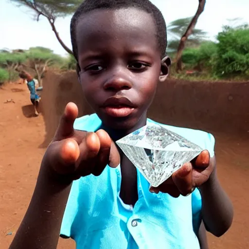 Image similar to poor kid in africa, finding a huge diamond and picking it up in his hand, looking impressed and amazed