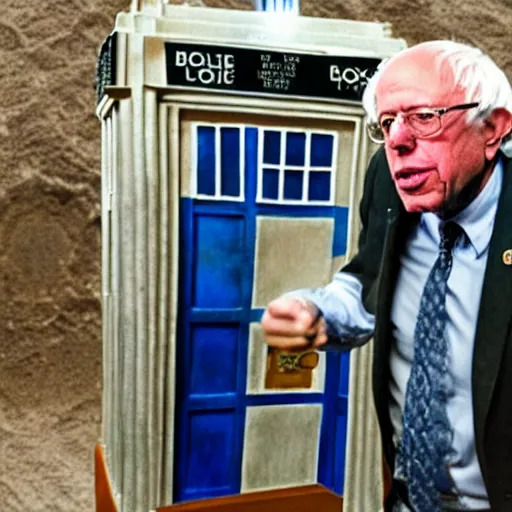 Image similar to Bernie Sanders as Doctor Who travelling through ancient Mesopotamia in the TARDIS