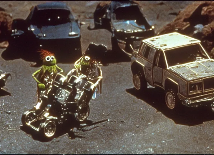 Prompt: scene from the 1979 science fiction film Muppet Mad Max