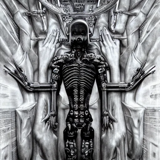 Prompt: the blasphemous caricature of the human body, cyborg, hyperealistic detailed photography, divinity, awful, religious art, cyberpunk, by h. r. giger