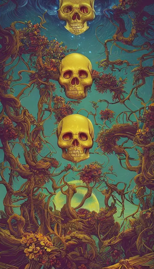 Prompt: The luminous island of the forgotten floral skull gods, italian futurism, da vinci, Dan Mumford, Josan Gonzalez