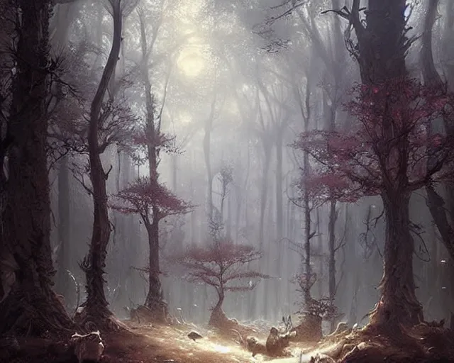 Image similar to a magical forest that separates the good world from the dark world,, fantasy art, intricate, highly detailed, in the style of greg rutkowski