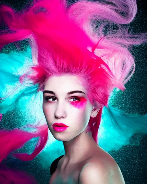 Image similar to a dramatic lighting photo of a beautiful young woman with cotton candy hair. blood splashes with a little bit of cyan and pink