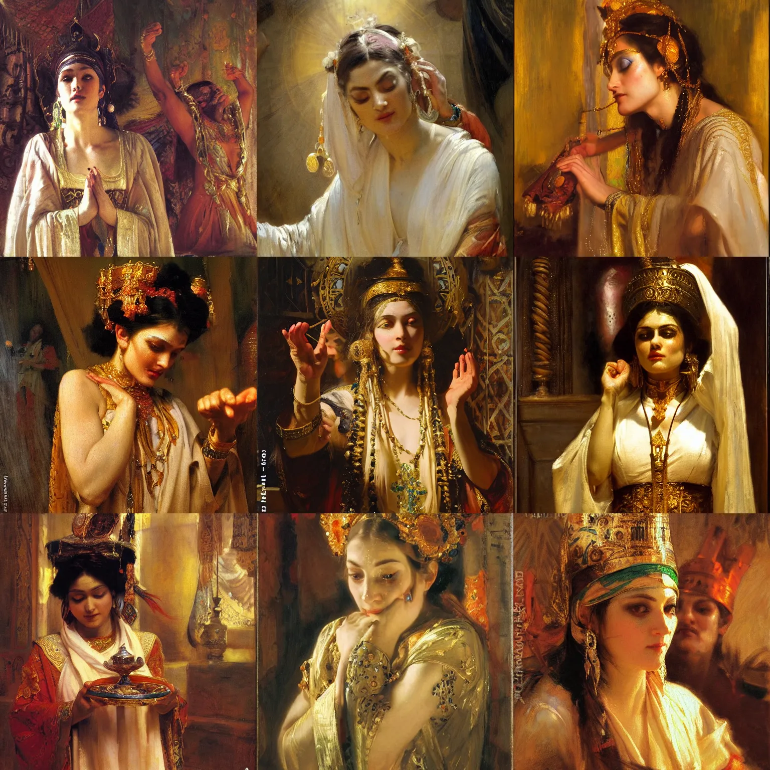Prompt: orientalism beautiful priestess performing a magic ritual face detail by theodore ralli and nasreddine dinet and anders zorn and nikolay makovsky and edwin longsden long, oil on canvas, masterful intricate artwork, excellent lighting, high detail 8 k