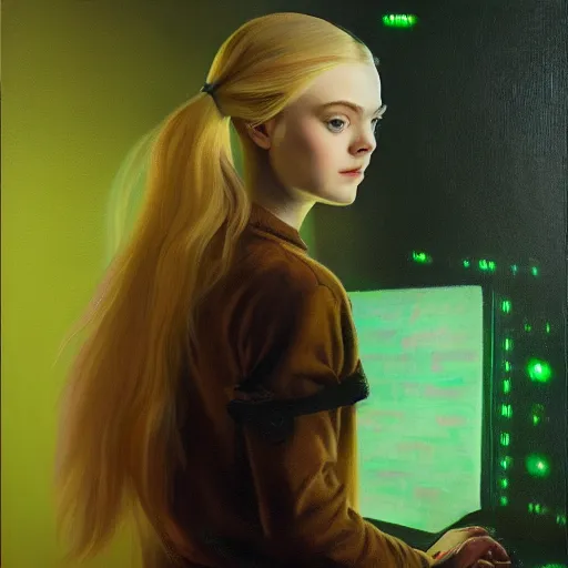 Image similar to ultra realistic portrait painting of elle fanning as a hacker, green glow, art by frank frazetta, 4 k, ultra realistic, highly detailed, epic lighting