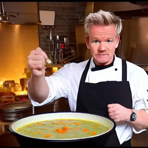 Image similar to <photo hd reaction>Gordon Ramsey reviews delicious soup</photo>